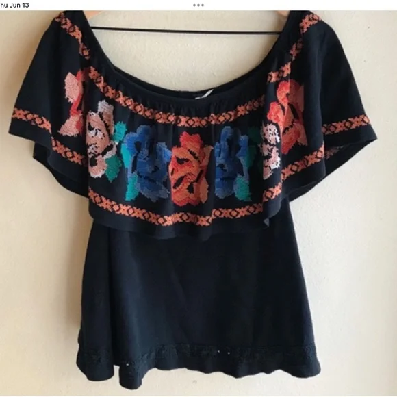 Free People , To The Left Off Shoulder Floral Embroidered Top Black Size M… - Picture 1 of 13